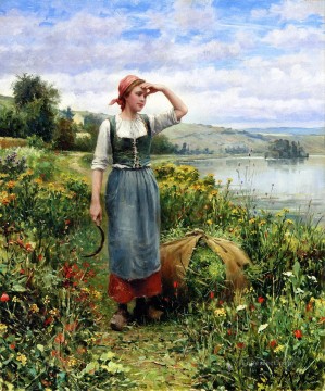 Daniel Ridgway Knight Painting - A Field of Flowers countrywoman Daniel Ridgway Knight